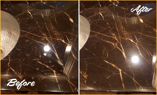 Before and After Picture of a Garner Marble Countertop Cleaned to Remove Water Spots