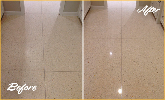 Before and After Picture of a Williams Crossroads Granite Floor Sealed for Stone Protection