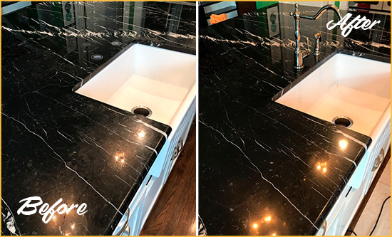 Before and After Picture of a Wendell Marble Kitchen Countertop Stone Sealed to Avoid Water Damage