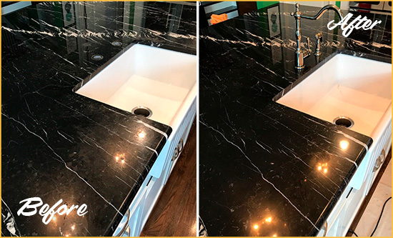 Before and After Picture of a Williams Crossroads Marble Kitchen Countertop Stone Sealed to Avoid Water Damage