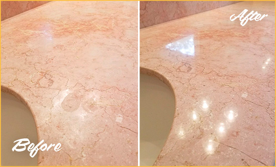 Before and After Picture of a Rolesville Marble Stone Vanity Top Sealed to Avoid Water Marks