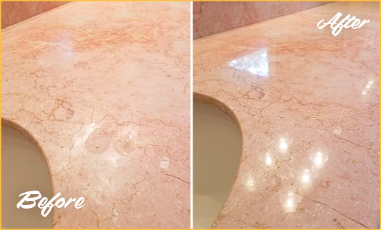 Before and After Picture of a Neuse Marble Stone Vanity Top Sealed to Avoid Water Marks