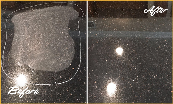 Before and After Picture of a Falls Granite Kitchen Countertop Honed to Eliminate Scratch