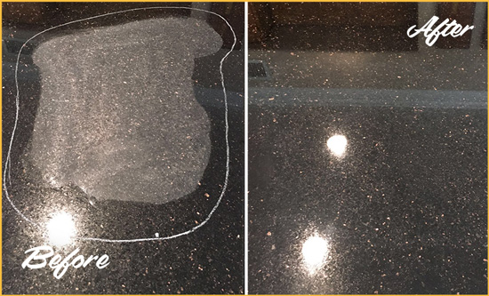 Before and After Picture of a Clegg Granite Kitchen Countertop Honed to Eliminate Scratch