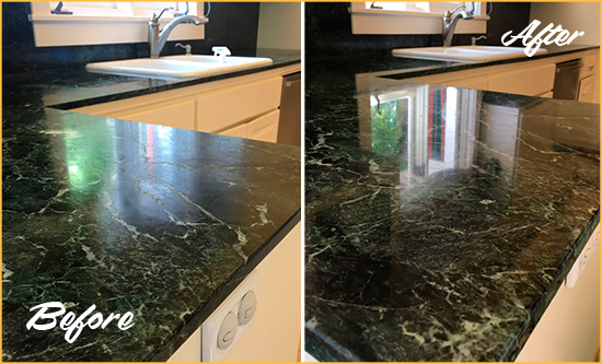 Before and After Picture of a Falls Marble Kitchen Countertop Honed to Remove Water Marks