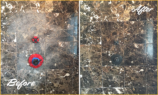 Before and After Picture of a Holly Springs Marble Shower Honed to Remove Scratches