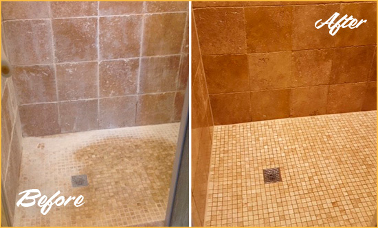 Before and After Picture of a Wendell Travertine Shower Honed to Remove Mineral Deposits