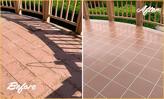 Before and After Picture of a Carpenter Hard Surface Restoration Service on a Tiled Deck