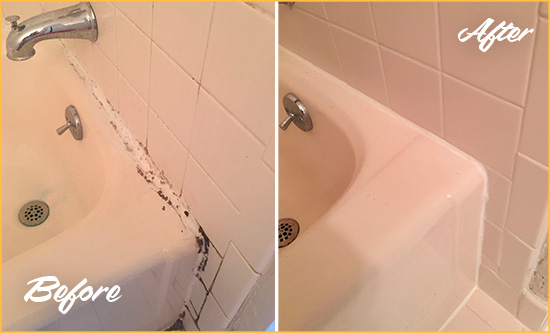 Before and After Picture of a Clegg Hard Surface Restoration Service on a Tile Shower to Repair Damaged Caulking