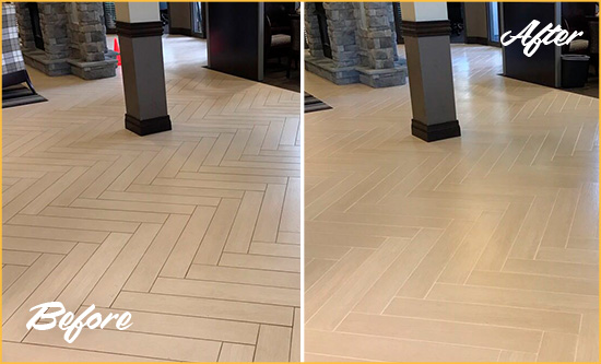 Before and After Picture of a Carpenter Hard Surface Restoration Service on an Office Lobby Tile Floor to Remove Embedded Dirt
