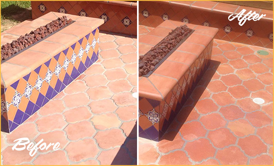 Before and After Picture of a Clegg Hard Surface Restoration Service on a Dull Terracotta Patio Floor to Recover Its Color