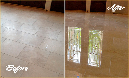 Before and After Picture of a Carpenter Hard Surface Restoration Service on a Dull Travertine Floor Polished to Recover Its Splendor