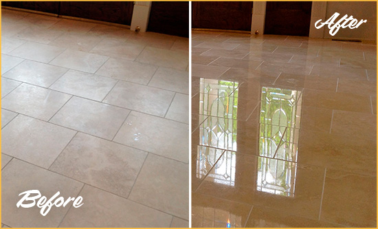 Before and After Picture of a Holly Springs Hard Surface Restoration Service on a Dull Travertine Floor Polished to Recover Its Splendor