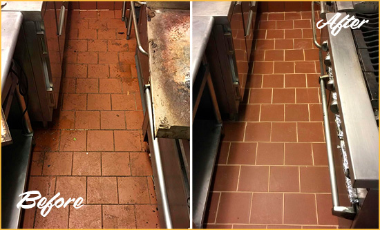 Before and After Picture of a Carpenter Hard Surface Restoration Service on a Restaurant Kitchen Floor to Eliminate Soil and Grease Build-Up
