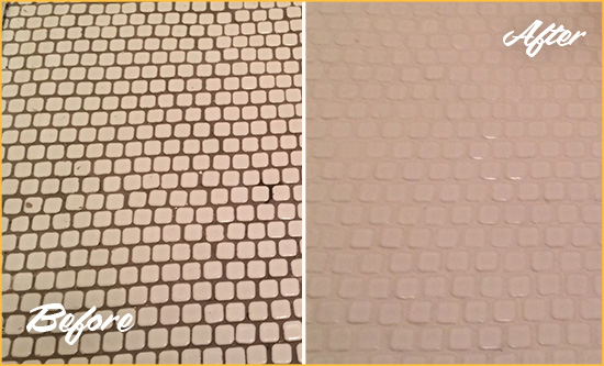 Before and After Picture of a Shotwell Hard Surface Restoration Service on a Bathroom Tile Floor Recolored to Fix Grout Color