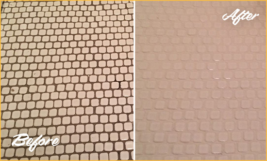 Before and After Picture of a Clegg Hard Surface Restoration Service on a Bathroom Tile Floor Recolored to Fix Grout Color