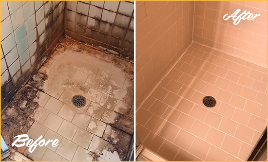 Before and After Picture of a Shotwell Hard Surface Restoration Service on a Tile Bathroom to Repair Water Damage