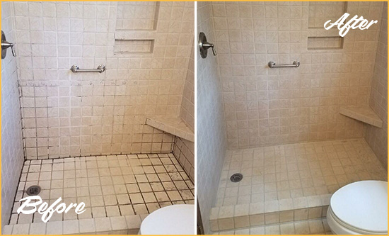 Before and After Picture of a Garner Shower Grout Cleaned to Remove Mold