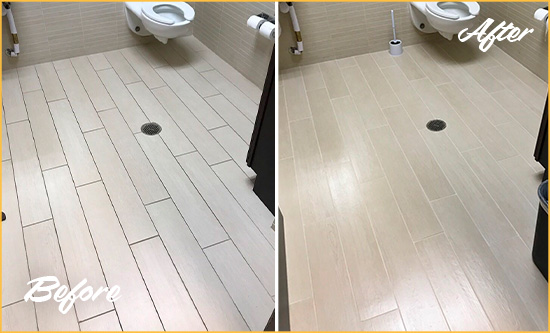 Before and After Picture of a Rolesville Office Restroom's Grout Cleaned to Remove Dirt