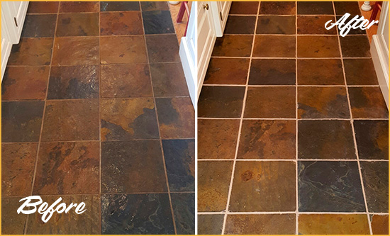 Before and After Picture of Falls Slate Floor Grout Cleaned to Remove Dirt