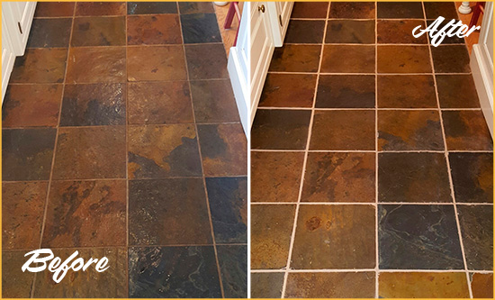 Before and After Picture of Rolesville Slate Floor Grout Cleaned to Remove Dirt