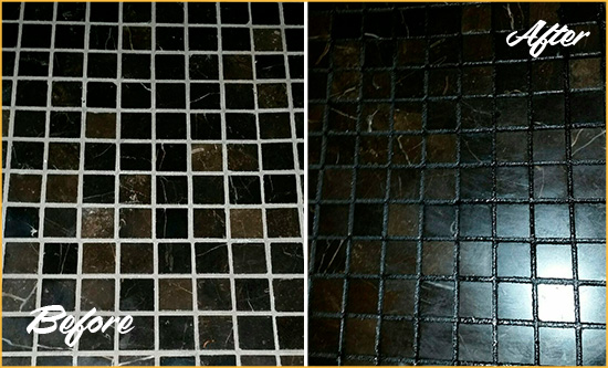 Before and After Picture of a Holly Springs Black Floor with Recolored Grout