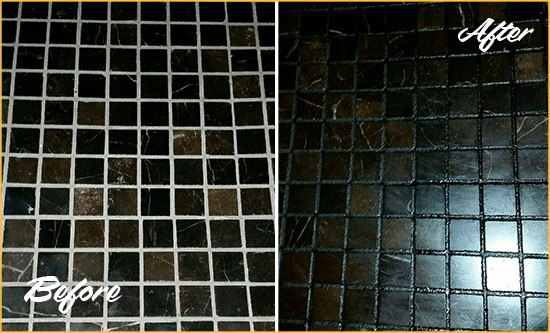 Before and After Picture of a Rolesville Black Floor with Recolored Grout