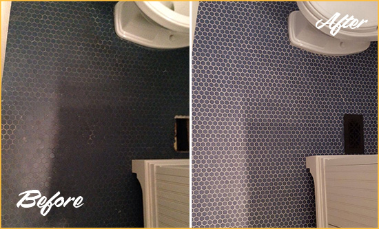 Before and After Picture of a Wendell Blue Tile Floor Recolored Grout