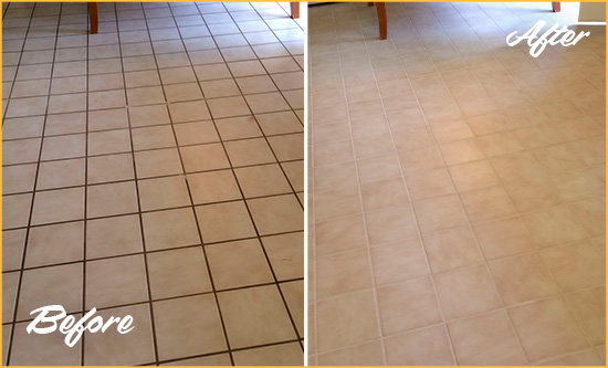 Before and After Picture of a Zebulon Kitchen Tile Floor with Recolored Grout