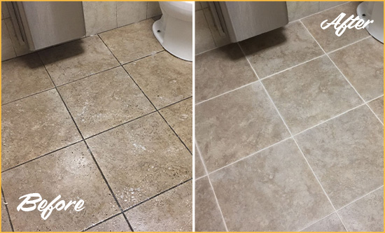 Before and After Picture of a Zebulon Office Restroom Floor Recolored Grout