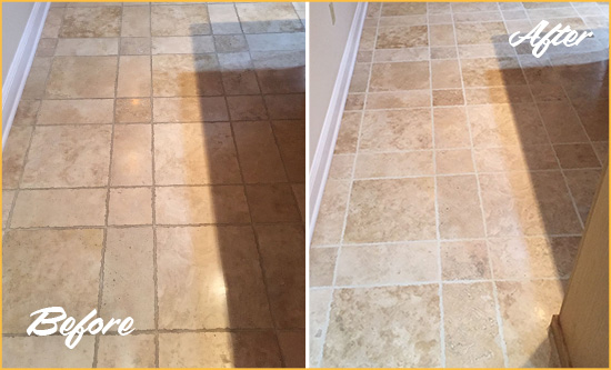 Before and After Picture of a Rolesville Travertine Kitchen Floor Recolored Grout