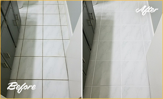 Before and After Picture of a Knightdale White Ceramic Tile with Recolored Grout