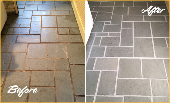 Before and After Picture of Damaged Wake Forest Slate Floor with Sealed Grout