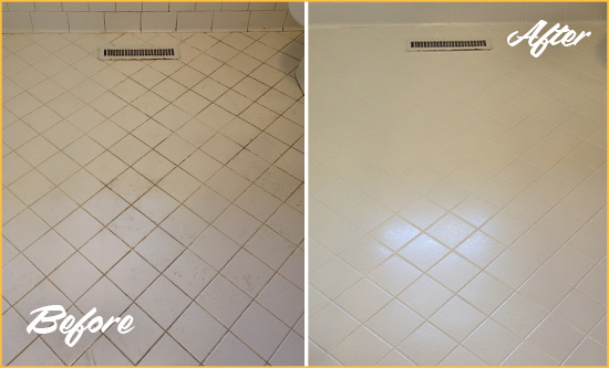 Before and After Picture of a Garner White Bathroom Floor Grout Sealed for Extra Protection