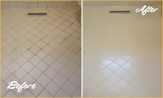 Before and After Picture of a Morrisville White Bathroom Floor Grout Sealed for Extra Protection