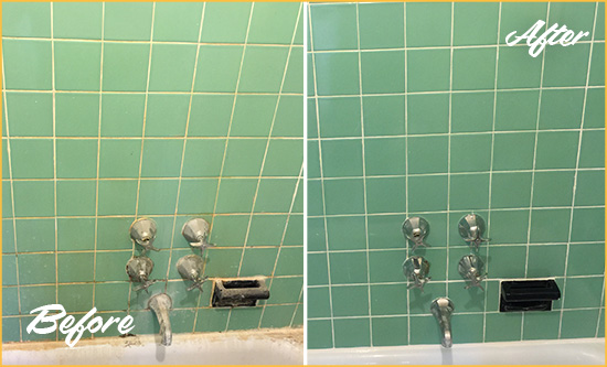Before and After Picture of a Neuse Bath Tub Grout Sealed to Avoid Water Damage