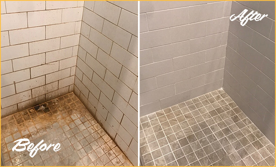 Before and After Picture of a Falls Shower Grout Sealed to Eliminate Mold