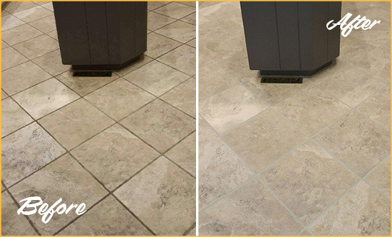 Before and After Picture of a Carpenter Kitchen Floor Grout Sealed to Remove Stains