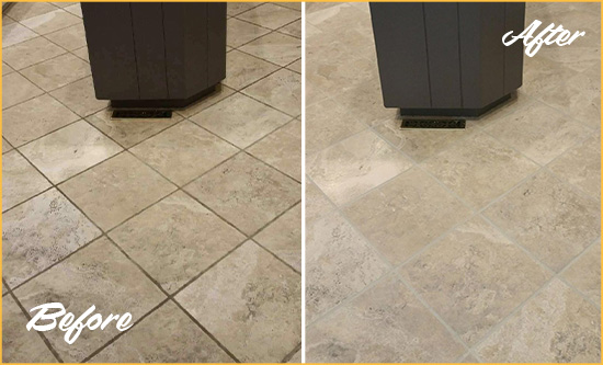 Before and After Picture of a Knightdale Kitchen Floor Grout Sealed to Remove Stains