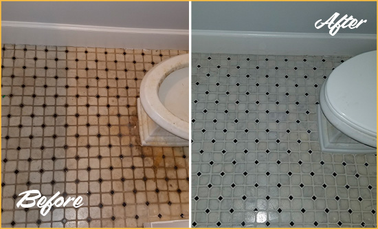 Before and After Picture of a Forestville Bathroom Floor Cleaned to Remove Embedded Dirt