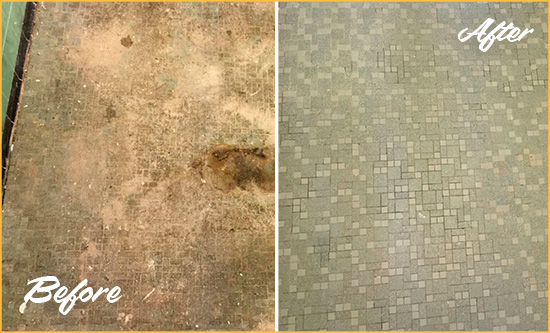 Before and After Picture of a Holly Springs Mosaic Shower Cleaned to Eliminate Embedded Dirt