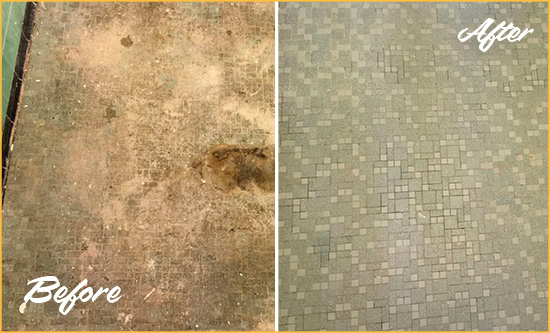 Before and After Picture of a Clegg Mosaic Shower Cleaned to Eliminate Embedded Dirt