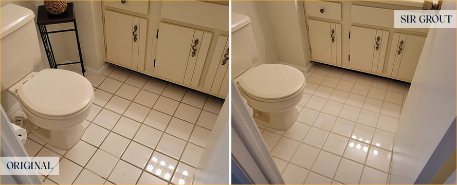 Bathroom Floor Before and After a Grout Cleaning in Raleigh, NC