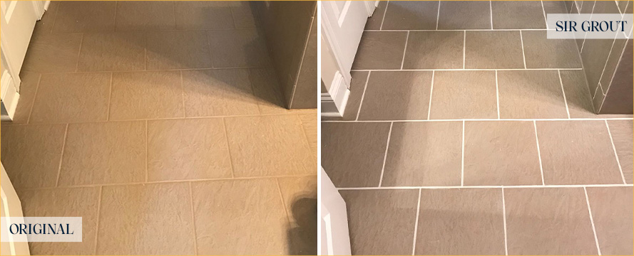 Floor Before and After an Excellent Grout Recoloring in Raleigh, NC