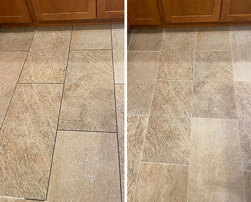 Floor Before and After a Grout Cleaning in Fuquay-Varina, NC