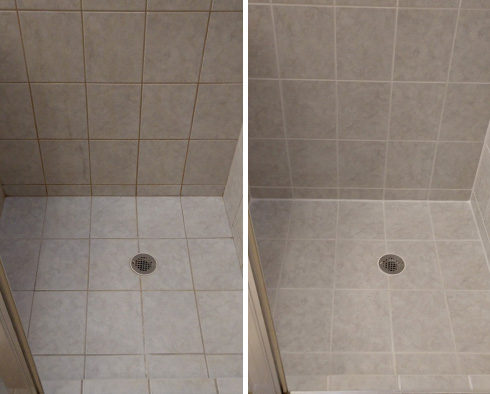 Before and After Picture of a Grout Cleaning Job in Fuquay-Varina, NC.