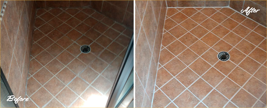 Picture of a Shower Floor Before and After a Gout Sealing in Wendell,NC