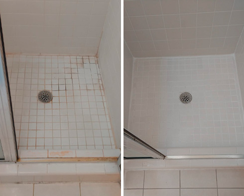 Picture of a Tiled Shower Before and After a Grout Cleaning in Raleigh, NC