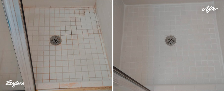 Image of a Tiled Shower Before and After a Grout Cleaning in Raleigh, NC