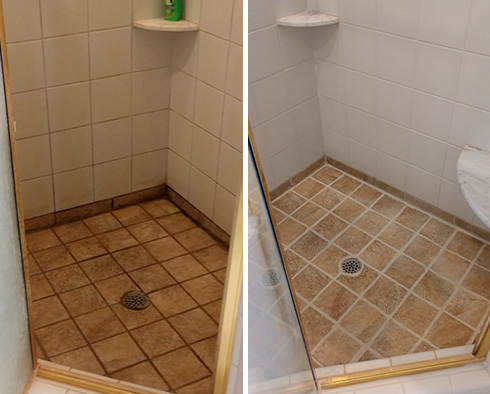 Before and After Image of a Shower After Successful Grout Cleaning in Raleigh, NC